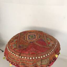 Handmade Patchwork Embroidered Meditation Cushion Cover, Round Vintage Bohemian Pillow, 35 - thumbnail 4