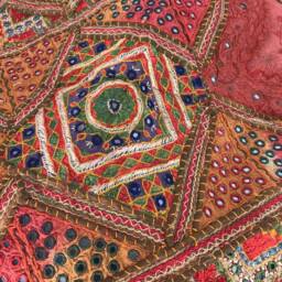 Handmade Patchwork Embroidered Meditation Cushion Cover, Round Vintage Bohemian Pillow, 35 - thumbnail 2