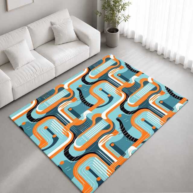 Retro Orange Blue Mid-Century Geometric Abstract Pattern Rug Non-Slip Soft Area Carpet Bedroom Living Room Hallway Mat Decor - Made in UK - image 1