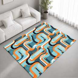Retro Orange Blue Mid-Century Geometric Abstract Pattern Rug Non-Slip Soft Area Carpet Bedroom Living Room Hallway Mat Decor - Made in UK
