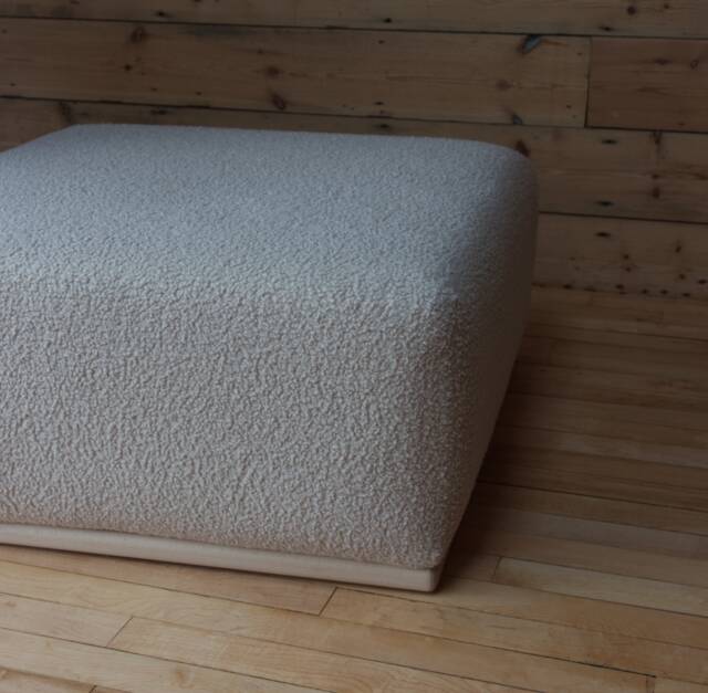 Bloc Stool - Large Square Footstool With Solid Oak Plinth Base Upholstered in Boucle Fabric - image 1