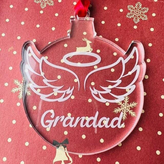 Personalised Angel Wings & Halo Christmas Tree Decoration -Memorial Xmas Bauble - Clear Acrylic Hand Finished Red Satin Ribbon- Rememberance - image 1