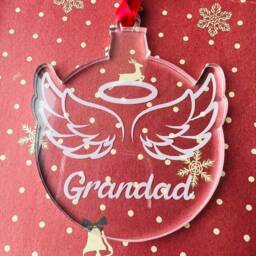 Personalised Angel Wings & Halo Christmas Tree Decoration -Memorial Xmas Bauble - Clear Acrylic Hand Finished Red Satin Ribbon- Rememberance - thumbnail 1