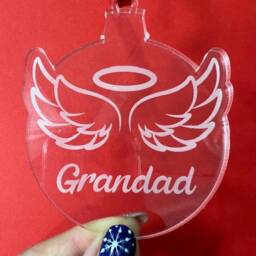 Personalised Angel Wings & Halo Christmas Tree Decoration -Memorial Xmas Bauble - Clear Acrylic Hand Finished Red Satin Ribbon- Rememberance - thumbnail 2