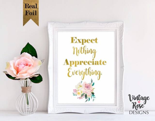 Motivational Quote Print, Gold Wall Art, Expect Nothing Appriciate Everything, Rose Gold, Gallery Wall, Housewarming Gift - image 1