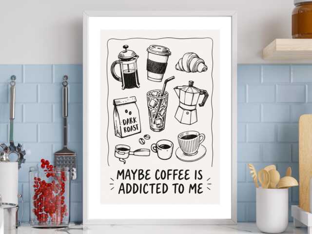 Maybe Coffee Is Addicted To Me - Kitchen Funny Wall Print Gift Idea Bespoke Poster A5 A4 A3 Framed Or Unframed - image 1
