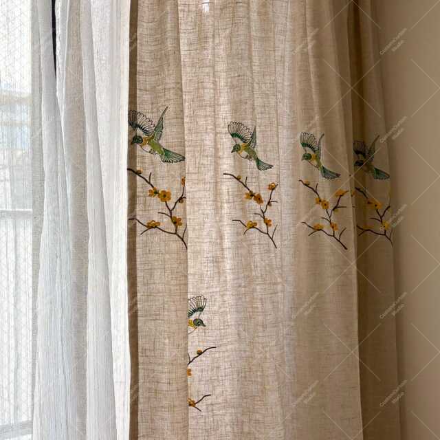 Floral & Bird Embroidered Curtains, Farmhouse Semi-Blackout Linen Living Room Elegant Privacy Dropes - image 1