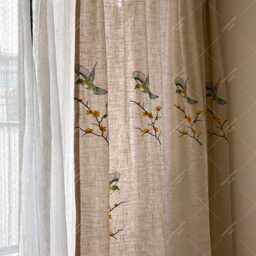 Floral & Bird Embroidered Curtains, Farmhouse Semi-Blackout Linen Living Room Elegant Privacy Dropes - thumbnail 1