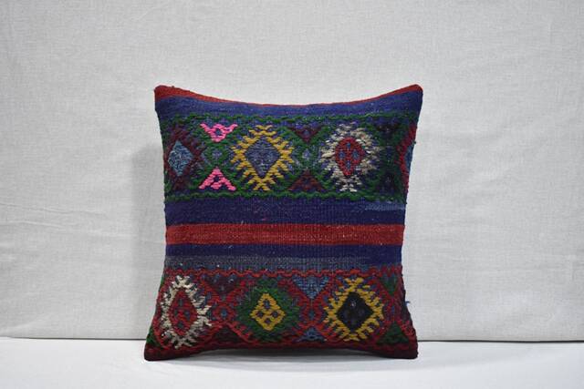 "Turkish Kilim Pillow Cover Handwoven Wool Home Decor - 15"" X 15.4" - image 1