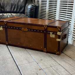 Handmade Tan Leather Coffee Table Trunk Storage Chest - English Bespoke Furniture Bench - thumbnail 2