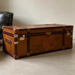 Handmade Tan Leather Coffee Table Trunk Storage Chest - English Bespoke Furniture Bench - thumbnail 1