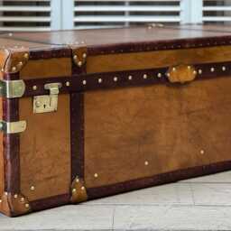 Handmade Tan Leather Coffee Table Trunk Storage Chest - English Bespoke Furniture Bench - thumbnail 4