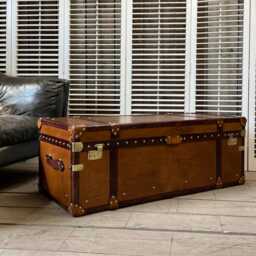 Handmade Tan Leather Coffee Table Trunk Storage Chest - English Bespoke Furniture Bench - thumbnail 3