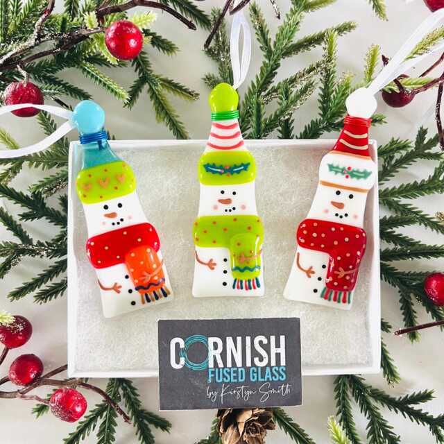 Fused Glass Snowman Christmas Tree Box Set Decorations, Snowman Decoration, Cornish Glass, Fused Glass Cornwall - image 1