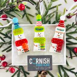 Fused Glass Snowman Christmas Tree Box Set Decorations, Snowman Decoration, Cornish Glass, Fused Glass Cornwall