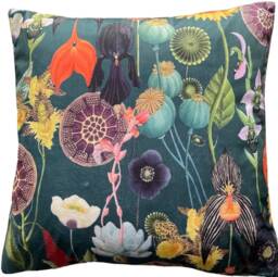 Poppy Cushion Cover Sunflowers Botanical Velvet Retro Design Green Dark Orange Yellow Lilac - thumbnail 1