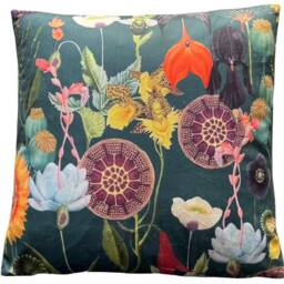 Poppy Cushion Cover Sunflowers Botanical Velvet Retro Design Green Dark Orange Yellow Lilac - thumbnail 2