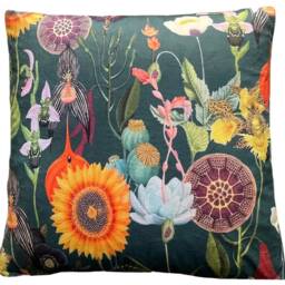 Poppy Cushion Cover Sunflowers Botanical Velvet Retro Design Green Dark Orange Yellow Lilac - thumbnail 3