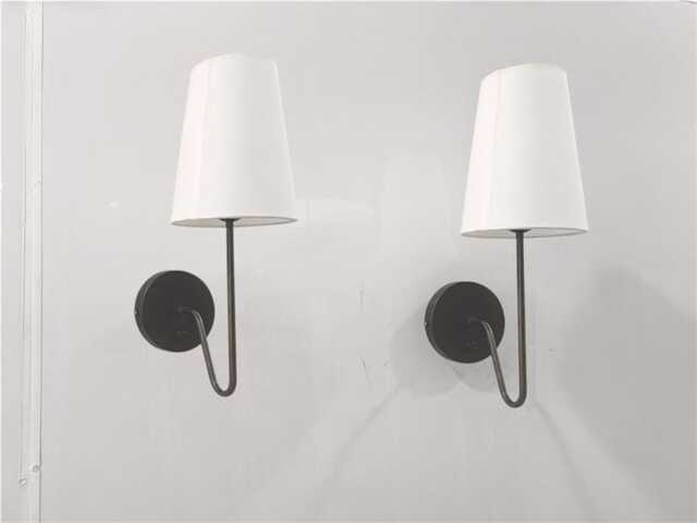 Pair Of Mid Century Fabric Shade Patina Finish Wall Sconce Bed Side Lamp Fixture - image 1