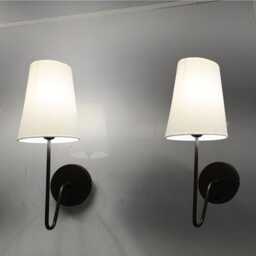 Pair Of Mid Century Fabric Shade Patina Finish Wall Sconce Bed Side Lamp Fixture - thumbnail 3