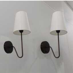 Pair Of Mid Century Fabric Shade Patina Finish Wall Sconce Bed Side Lamp Fixture - thumbnail 2