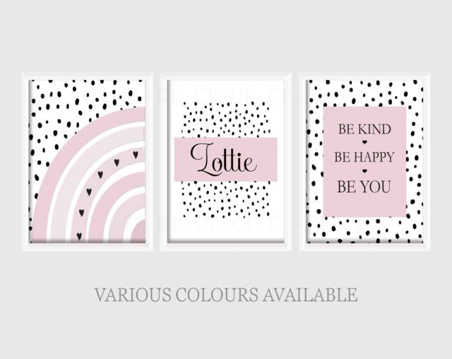 Girls Boys Personalised Prints A4 Or A3 Nursery Set Of Unframed Pink Grey Purple Blue Pastel Neutral Black Dalmatian Spot Dot Quote Be Kind - image 1