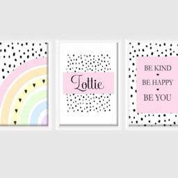 Girls Boys Personalised Prints A4 Or A3 Nursery Set Of Unframed Pink Grey Purple Blue Pastel Neutral Black Dalmatian Spot Dot Quote Be Kind - thumbnail 3