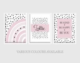 Girls Boys Personalised Prints A4 Or A3 Nursery Set Of Unframed Pink Grey Purple Blue Pastel Neutral Black Dalmatian Spot Dot Quote Be Kind - thumbnail 1