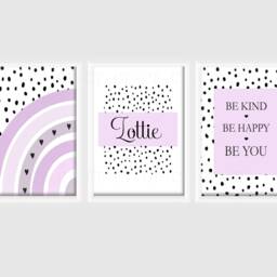 Girls Boys Personalised Prints A4 Or A3 Nursery Set Of Unframed Pink Grey Purple Blue Pastel Neutral Black Dalmatian Spot Dot Quote Be Kind - thumbnail 2