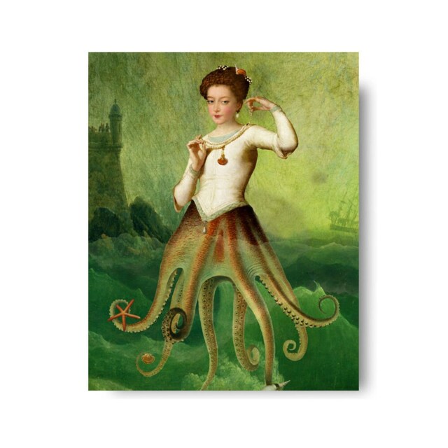 Octopus Siren Mermaid Nautical Portrait Green Print Art Surreal Home Decor Beach House Squid Lovecraft - image 1