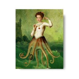 Octopus Siren Mermaid Nautical Portrait Green Print Art Surreal Home Decor Beach House Squid Lovecraft - thumbnail 1
