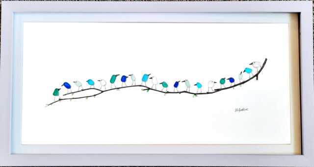 Panoramic Ocean Spray Birds - Sea Glass & Driftwood Picture Framed Handmade Horizontal Wall Art - image 1