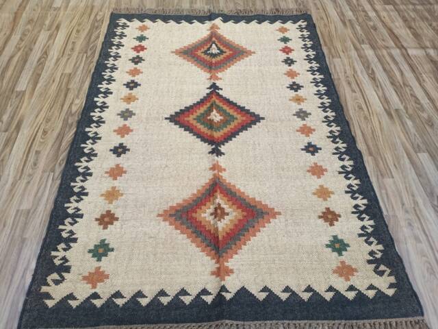 Hand Woven Wool Jute Rug Bohemian Kilim Design - image 1