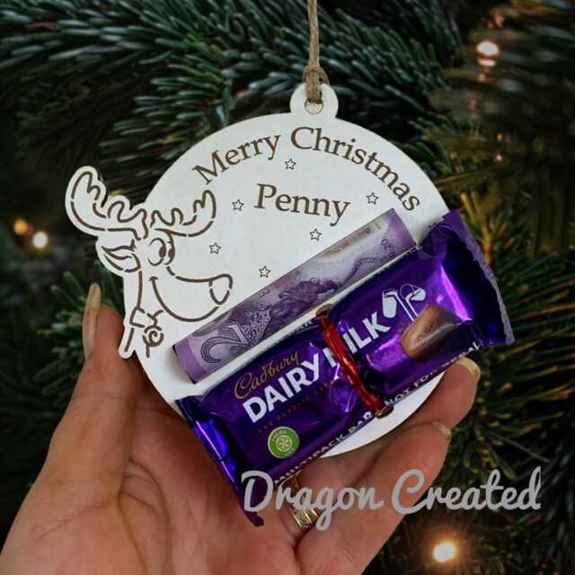 Personalised Reindeer Chocolate & Money Holder Wooden Christmas Ornament - image 1