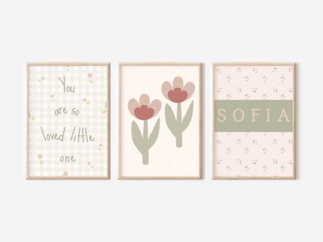 Set Of 3 Girls Gingham & Wildflower Prints - Unframed - image 1