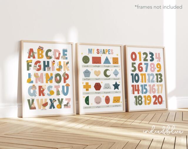 Set Of 3 Educational Nursery Prints in Rainbow Colours, Shapes Print, Alphabet & Numbers Chart, Neutral Decor, Playroom - image 1