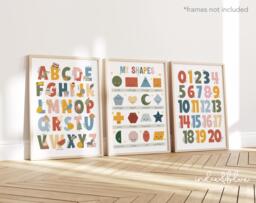 Set Of 3 Educational Nursery Prints in Rainbow Colours, Shapes Print, Alphabet & Numbers Chart, Neutral Decor, Playroom - thumbnail 1