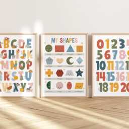 Set Of 3 Educational Nursery Prints in Rainbow Colours, Shapes Print, Alphabet & Numbers Chart, Neutral Decor, Playroom - thumbnail 3
