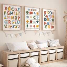 Set Of 3 Educational Nursery Prints in Rainbow Colours, Shapes Print, Alphabet & Numbers Chart, Neutral Decor, Playroom - thumbnail 2