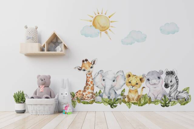 Baby Safari Animals Watercolor Wall Decal - Nursery Mural Lion Elephant Sticker - image 1