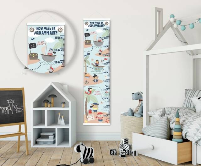 Personalised Height/ Growth Chart - Pirates Day Out Beautiful Nursery & Bedroom Wall Decor Printed On A Luxury Fabric Ideal Keepsake - image 1