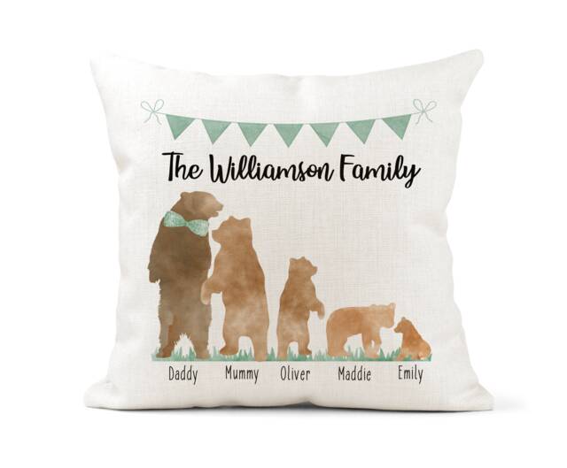 Personalised Bear Family Cushion, Watercolour, Daddy Bear, Mummy Mama, Papa, Children, New Home Gift, Baby Bunting - image 1