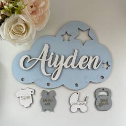 Personalised Wooden Cloud Name Wall Sign, Fluorescent Stars Room Decor Nursery - thumbnail 1