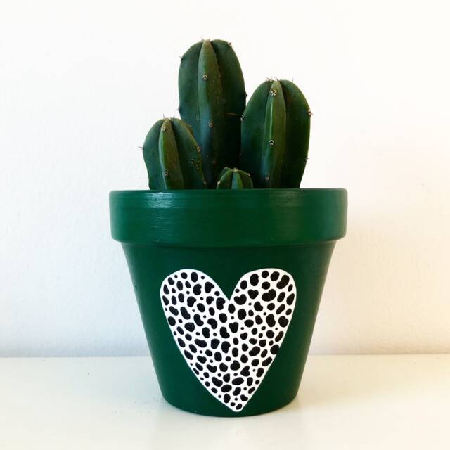 Hand Painted Dark Green Heart Dalmatian Print Terracotta Plant Pot, 11cm Succulent Decor, Garden Gift