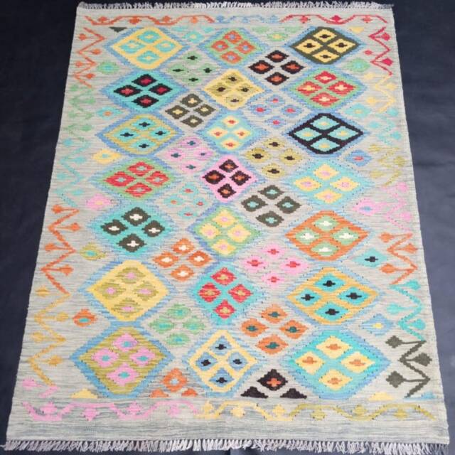 Afghan Kilim Rug, Handmade Artisan Multicoloured Natural Wool Flatweave, Geometric Design 189x147 cm - image 1