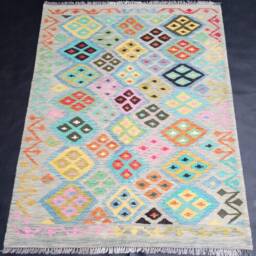 Afghan Kilim Rug, Handmade Artisan Multicoloured Natural Wool Flatweave, Geometric Design 189x147 cm - thumbnail 1