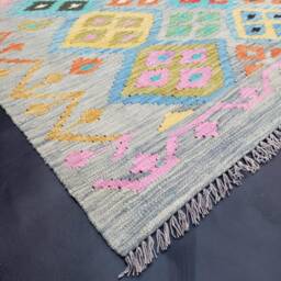 Afghan Kilim Rug, Handmade Artisan Multicoloured Natural Wool Flatweave, Geometric Design 189x147 cm - thumbnail 2