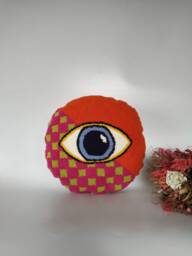 Hand Tufted Evil Eye Pillow Cover, Round Punch Needle Cushion, Orange Checkered Home Decor, All Seeing Throw - thumbnail 1