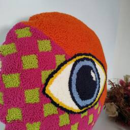 Hand Tufted Evil Eye Pillow Cover, Round Punch Needle Cushion, Orange Checkered Home Decor, All Seeing Throw - thumbnail 3