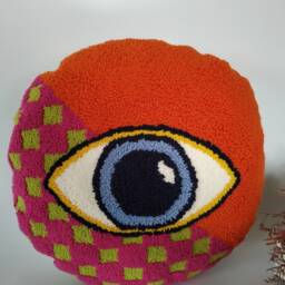 Hand Tufted Evil Eye Pillow Cover, Round Punch Needle Cushion, Orange Checkered Home Decor, All Seeing Throw - thumbnail 2